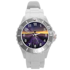 Bed Of Purple Petaled Flowers Photography Landscape Nature Round Plastic Sport Watch (l) by Sarkoni