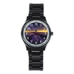 Bed Of Purple Petaled Flowers Photography Landscape Nature Stainless Steel Round Watch by Sarkoni