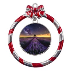 Bed Of Purple Petaled Flowers Photography Landscape Nature Metal Red Ribbon Round Ornament by Sarkoni