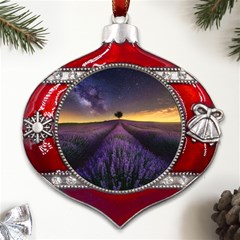 Bed Of Purple Petaled Flowers Photography Landscape Nature Metal Snowflake And Bell Red Ornament by Sarkoni