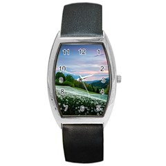 Field Of White Petaled Flowers Nature Landscape Barrel Style Metal Watch