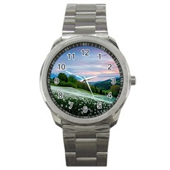 Field Of White Petaled Flowers Nature Landscape Sport Metal Watch by Sarkoni