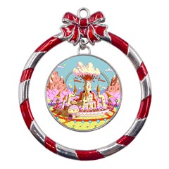 Adventure Time Multi Colored Celebration Nature Metal Red Ribbon Round Ornament by Sarkoni