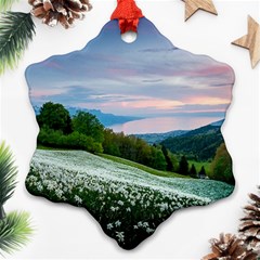 Field Of White Petaled Flowers Nature Landscape Snowflake Ornament (two Sides) by Sarkoni