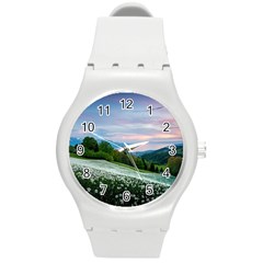 Field Of White Petaled Flowers Nature Landscape Round Plastic Sport Watch (m) by Sarkoni