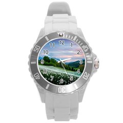 Field Of White Petaled Flowers Nature Landscape Round Plastic Sport Watch (l) by Sarkoni