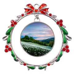 Field Of White Petaled Flowers Nature Landscape Metal X mas Wreath Ribbon Ornament by Sarkoni