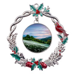 Field Of White Petaled Flowers Nature Landscape Metal X mas Wreath Holly Leaf Ornament by Sarkoni