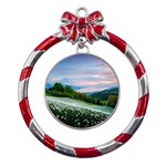 Field Of White Petaled Flowers Nature Landscape Metal Red Ribbon Round Ornament Front