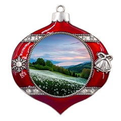 Field Of White Petaled Flowers Nature Landscape Metal Snowflake And Bell Red Ornament by Sarkoni