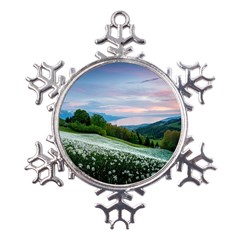 Field Of White Petaled Flowers Nature Landscape Metal Large Snowflake Ornament by Sarkoni