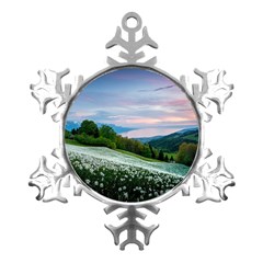 Field Of White Petaled Flowers Nature Landscape Metal Small Snowflake Ornament by Sarkoni