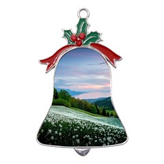 Field Of White Petaled Flowers Nature Landscape Metal Holly Leaf Bell Ornament by Sarkoni