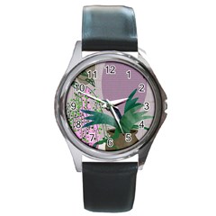 Botanical Plants Green Sheet Art Round Metal Watch by Sarkoni