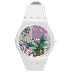 Botanical Plants Green Sheet Art Round Plastic Sport Watch (m) by Sarkoni