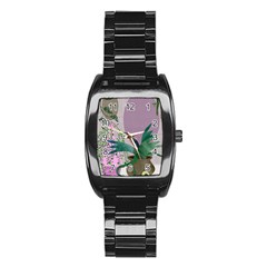 Botanical Plants Green Sheet Art Stainless Steel Barrel Watch by Sarkoni