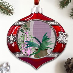 Botanical Plants Green Sheet Art Metal Snowflake And Bell Red Ornament by Sarkoni