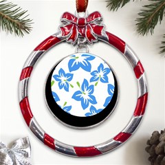 Hibiscus Wallpaper Flowers Floral Metal Red Ribbon Round Ornament by Pakjumat