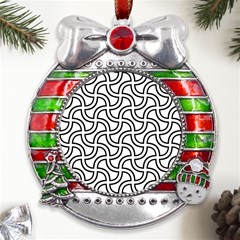 Pattern Monochrome Repeat Black And White Metal X mas Ribbon With Red Crystal Round Ornament by Pakjumat