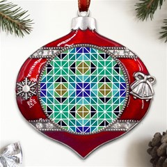 Mosaic Triangle Symmetry Metal Snowflake And Bell Red Ornament by Apen