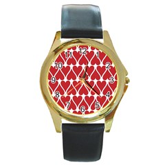 Hearts Pattern Seamless Red Love Round Gold Metal Watch by Apen