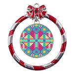 Checkerboard Squares Abstract Texture Patterns Metal Red Ribbon Round Ornament Front