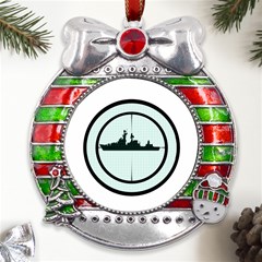 Ship Target Destroyer Warship Metal X mas Ribbon With Red Crystal Round Ornament by Pakjumat