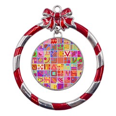 Colourful Abstract Shapes Metal Red Ribbon Round Ornament by Pakjumat