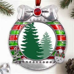 Pine Trees Spruce Tree Metal X mas Ribbon With Red Crystal Round Ornament by Modalart