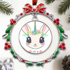 Unicorn Rabbit Hare Wreath Cute Metal X mas Wreath Ribbon Ornament by Modalart