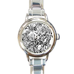 Roses Bouquet Flowers Sketch Round Italian Charm Watch by Modalart