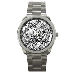 Roses Bouquet Flowers Sketch Sport Metal Watch by Modalart