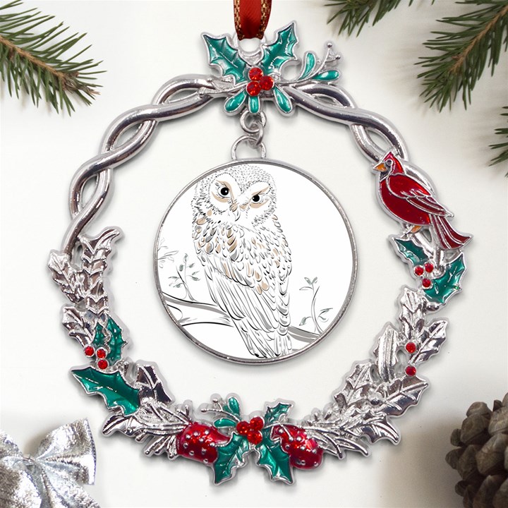 Owl Bird Wildlife Bird Of Prey Metal X mas Wreath Holly leaf Ornament