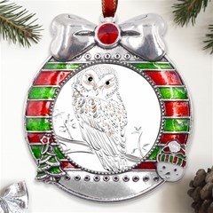 Owl Bird Wildlife Bird Of Prey Metal X Mas Ribbon With Red Crystal Round Ornament