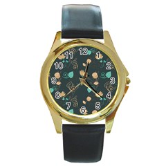 Flower Leaves Pattern Seamless Round Gold Metal Watch by Bedest