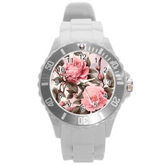 Rose Flower Seamless Round Plastic Sport Watch (l) by Bedest