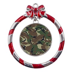 Camouflage Pattern Fabric Metal Red Ribbon Round Ornament by Bedest