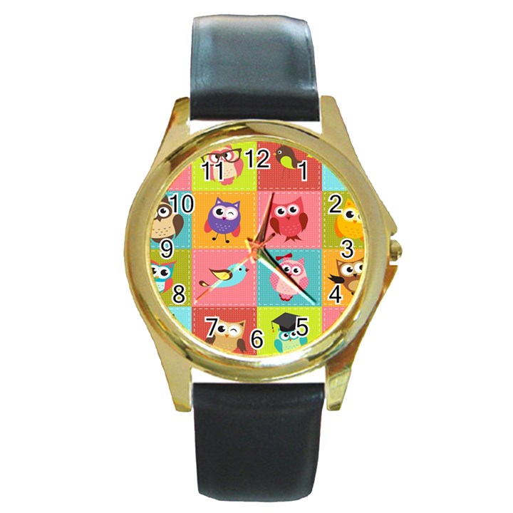 Owls Pattern Abstract Art Desenho Vector Cartoon Round Gold Metal Watch