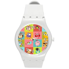 Owls Pattern Abstract Art Desenho Vector Cartoon Round Plastic Sport Watch (m)