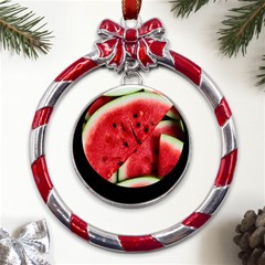 Watermelon Fruit Green Red Metal Red Ribbon Round Ornament by Bedest