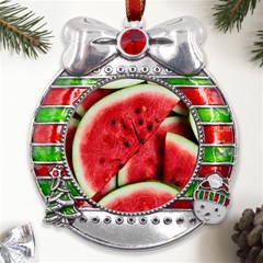 Watermelon Fruit Green Red Metal X mas Ribbon With Red Crystal Round Ornament by Bedest