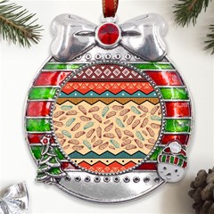 Ethnic-tribal-pattern-background Metal X mas Ribbon With Red Crystal Round Ornament