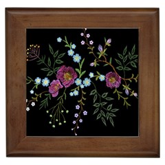 Embroidery Trend Floral Pattern Small Branches Herb Rose Framed Tile by Ndabl3x