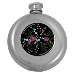 Embroidery Trend Floral Pattern Small Branches Herb Rose Round Hip Flask (5 Oz) by Ndabl3x