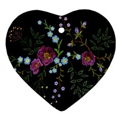 Embroidery Trend Floral Pattern Small Branches Herb Rose Heart Ornament (two Sides) by Ndabl3x