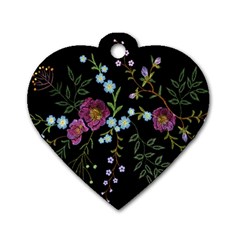 Embroidery Trend Floral Pattern Small Branches Herb Rose Dog Tag Heart (two Sides) by Ndabl3x