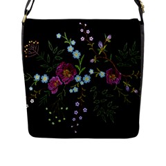 Embroidery Trend Floral Pattern Small Branches Herb Rose Flap Closure Messenger Bag (l) by Ndabl3x