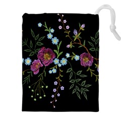 Embroidery Trend Floral Pattern Small Branches Herb Rose Drawstring Pouch (5xl) by Ndabl3x