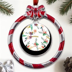 Floral Backdrop Pattern Flower Metal Red Ribbon Round Ornament by Ravend