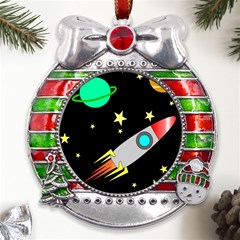 Planet Rocket Space Stars Metal X mas Ribbon With Red Crystal Round Ornament by Ravend